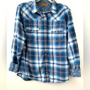 Jachs Girlfriend Bea Flannel Western Style Shirt With Color Pop Cuff SZ L Blue
